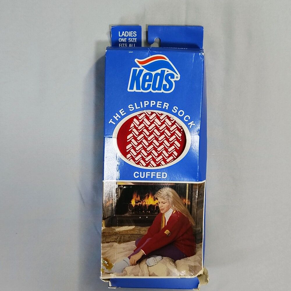 Vintage 1981 Pair Of Keds Cuffed Traction Sole Slipper Fleece Grip Socks NOS Red